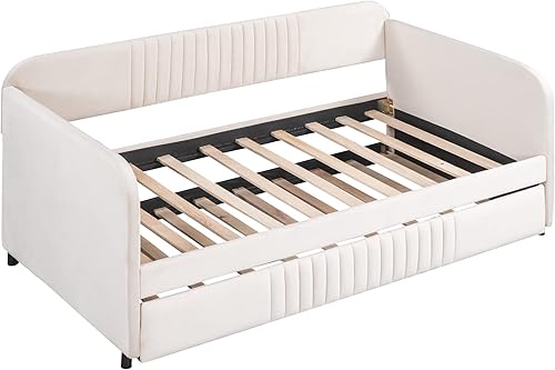 Miniatura 4 de DNYN Sofá cama tapizado de terciopelo tamaño individual con nido para sala de estar, diseño de sofá cama, marco de cama de madera maciza con fuerte