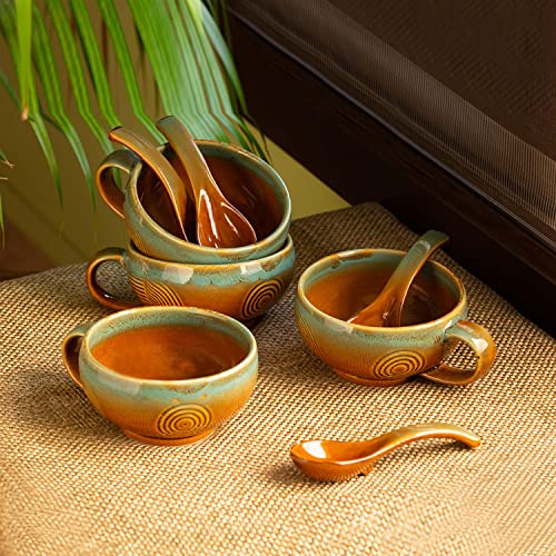 Image of ExclusiveLane 'Peacock Boulevard' Ceramic Soup Bowl with Spoon Set of 4 (320 ML, Dishwasher & Microwave Safe Bowls) | Modern Ceramic Soup Bowls with Handle Soup Bowls Set of 4 Soup Bowl Set