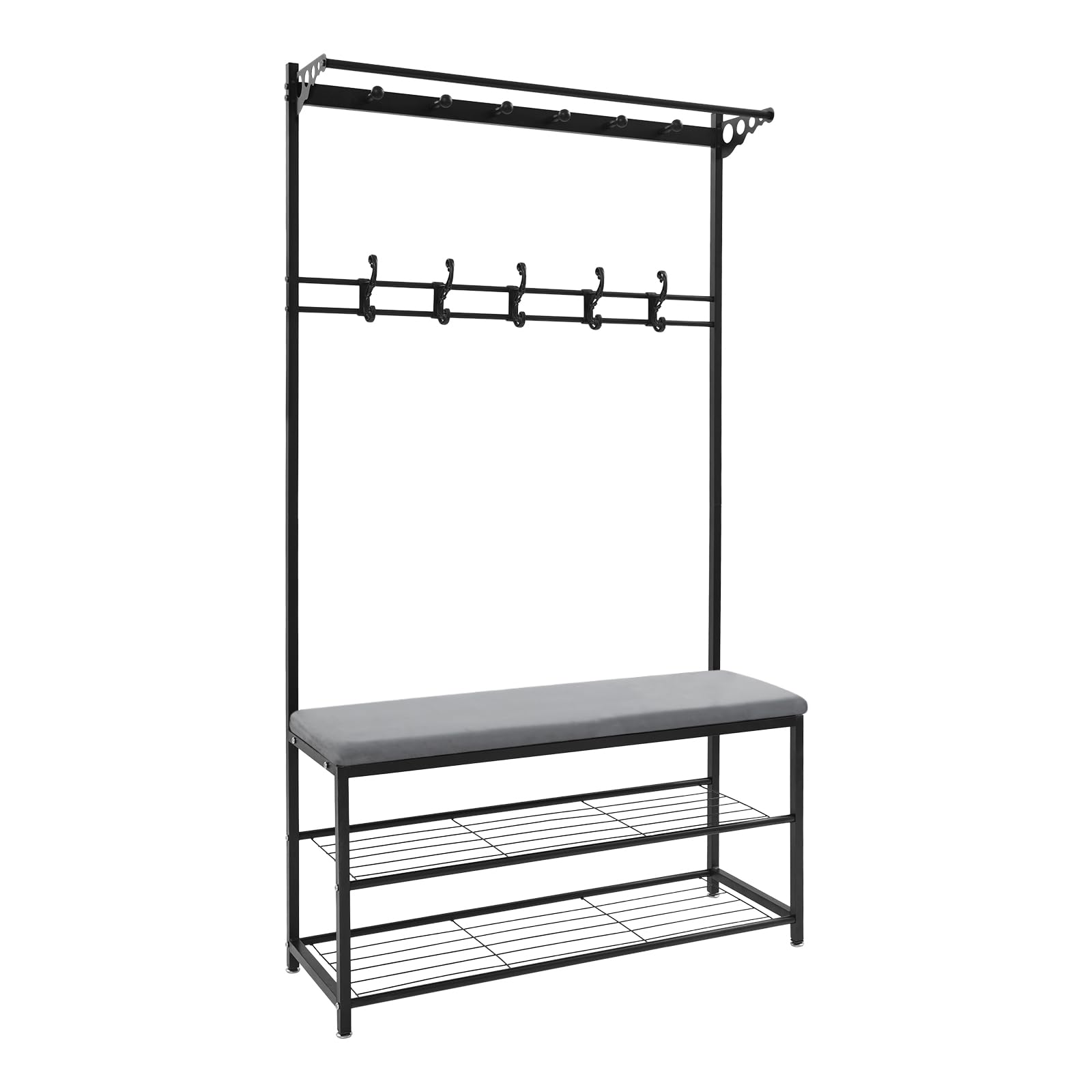 Perchero con zapatero, perchero de metal con 11 ganchos y zapatero, espacio de almacenamiento bajo el asiento, estantería para pasillo, salón, oficina, dormitorio, altura 170 cm
