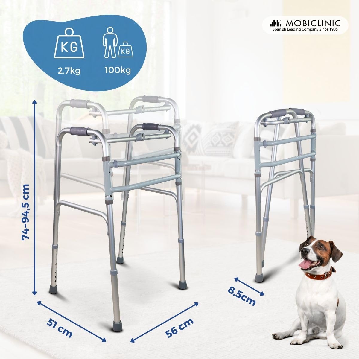 Mobiclinic®, Deambulatore Pieghevole, Senza Ruote, Mezquita, Ausilio per la Mobilità, Estremità Antiscivolo, Altezza Regolabile, Pieghevole, Alluminio, Ultraleggero, Sicuro, Peso Massimo 100 kg