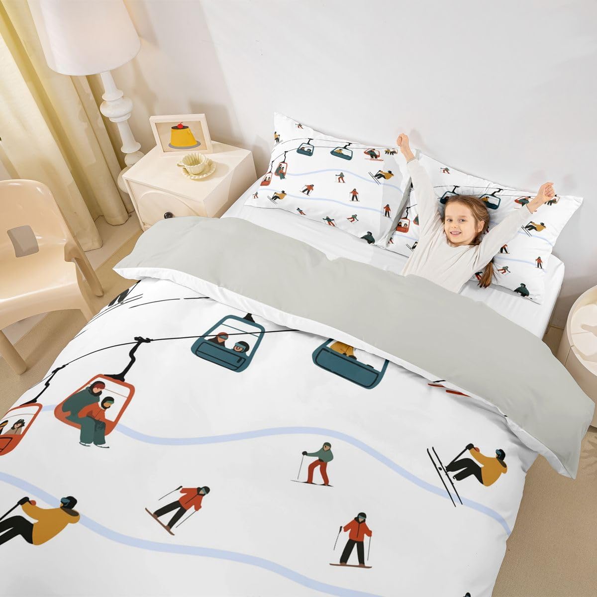 Erosebridal Skiing Games Toddler Duvet Cover Winter Sports Theme Bedding Set Snow Mountain Skiing Comforter Cover for Kids Boys Girls,Ski Resort Bed Set