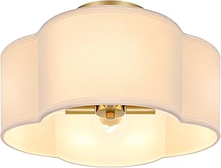 4-Light Semi Flush Mount Ceiling Light Fixture, Gold Modern Close to Ceiling Lamp with White Fabric Shade, Farmhouse Bright Lighting Brass Finish for Nursery Kids Room Bedroom Kitchen Hallway Entryway