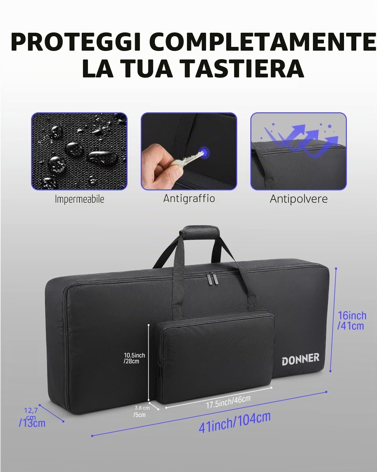 Donner Custodia per Tastiera da 61 Tasti, 102 x 42 x 15 cm Borsa per Pianoforte Elettrico con Imbottita da 10 mm e Nylon Oxford 600D, Nero