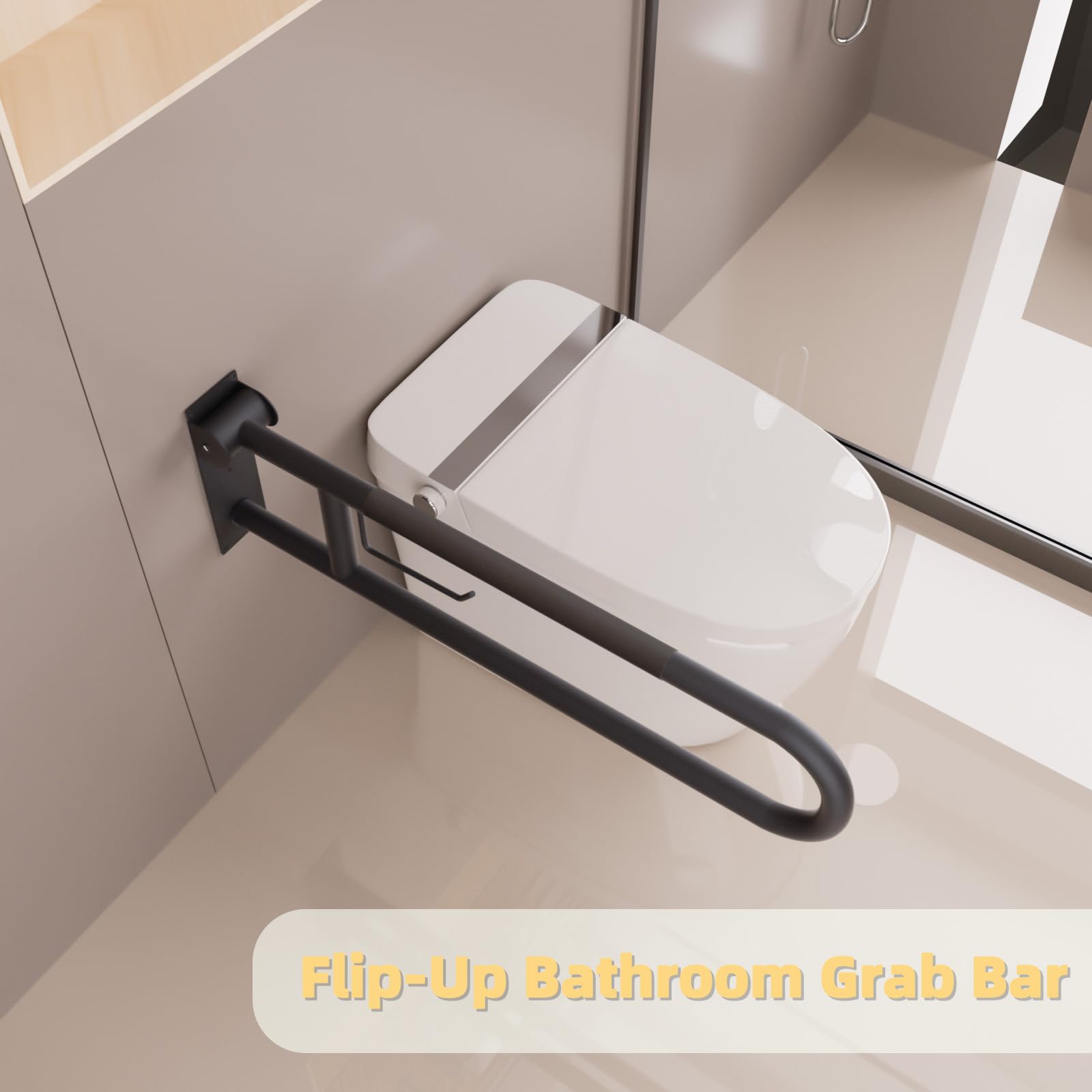 Maniglia per WC da 76 cm, nero opaco, pieghevole, con porta carta, barre antiscivolo zigrinate per WC, corrimano in acciaio inox per anziani disabili, anziani incinti