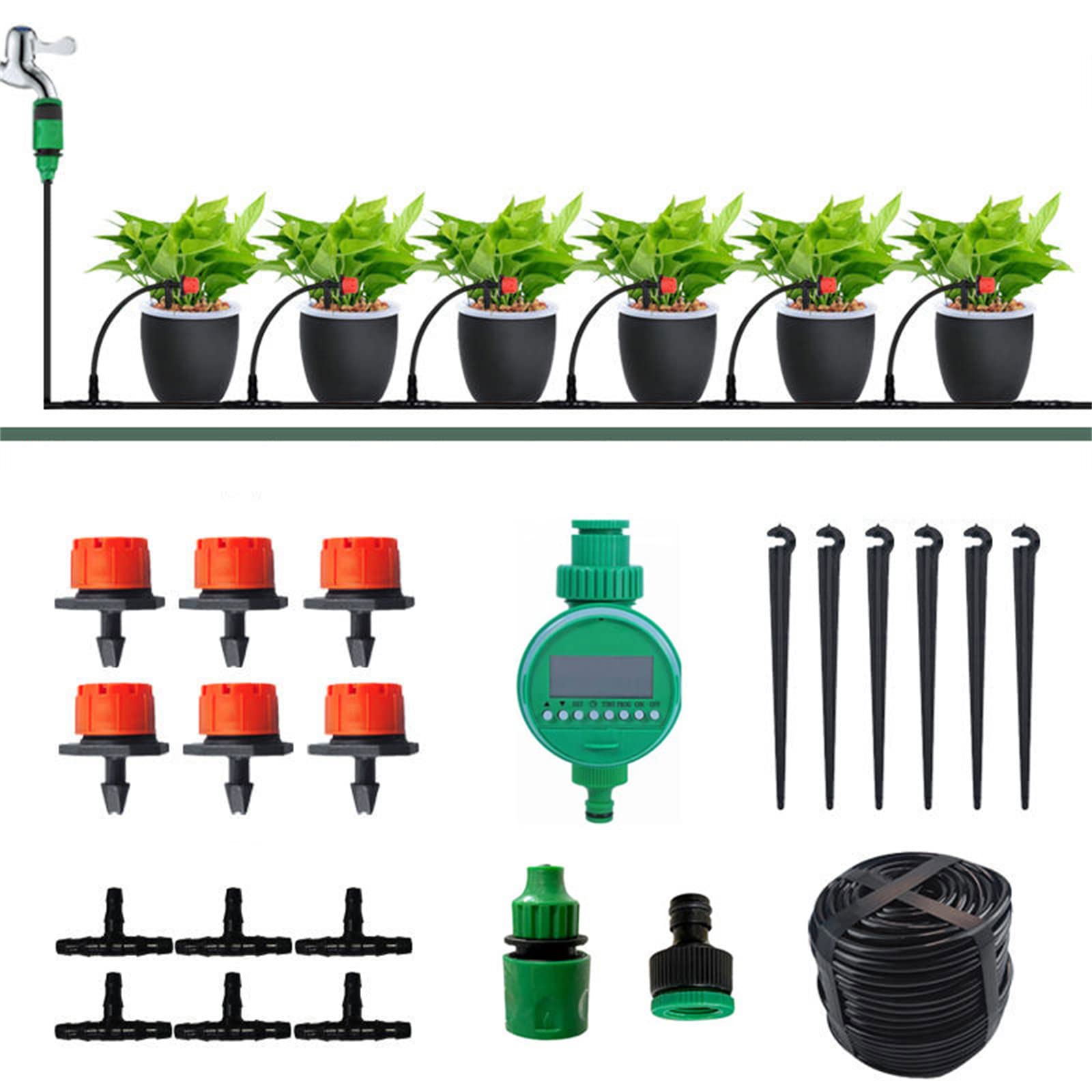Kit di irrigazione a goccia, Kit di irrigazione a goccia multi-dimensione, timer, ugello nebulizzatore, tubo da 1/4", risparmio idrico automatico for patio(5m+6 heads)