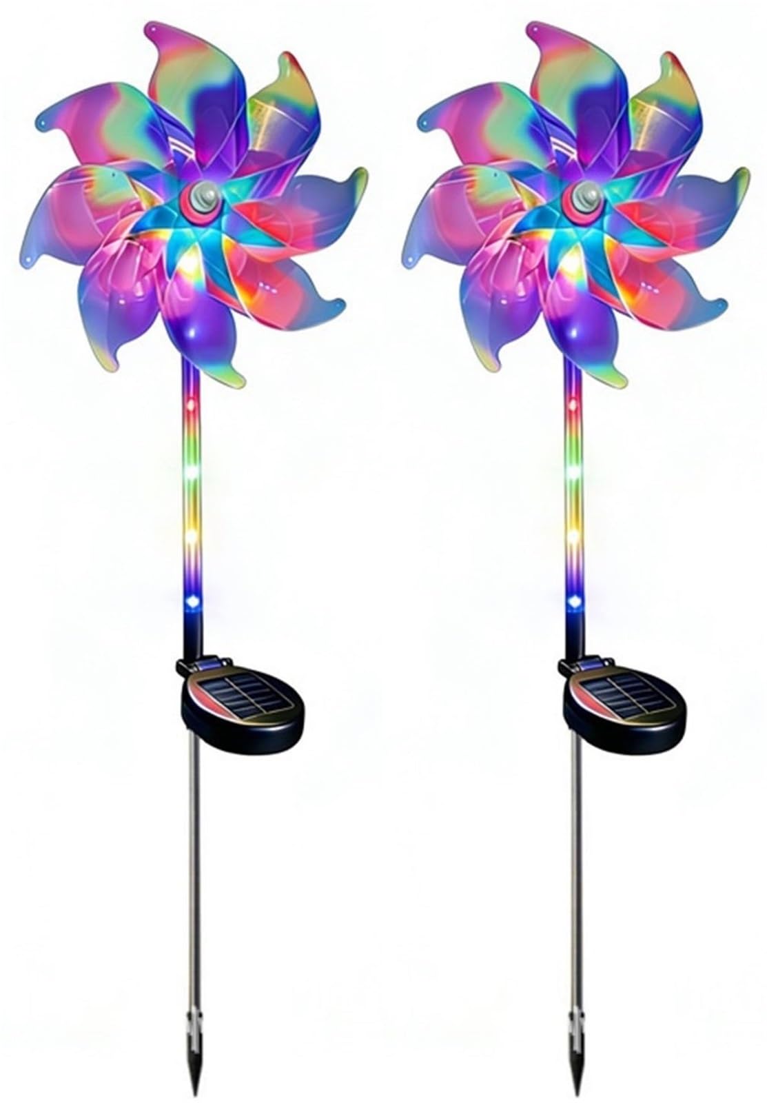 Magical Holographic Rainbow Solar Pinwheel Lights, Color Changing LED Windmill Garden Stakes,Waterproof Kinetic Spinner Outdoor Yard Decor for Pathway Lawn Patio Party(2pcs)