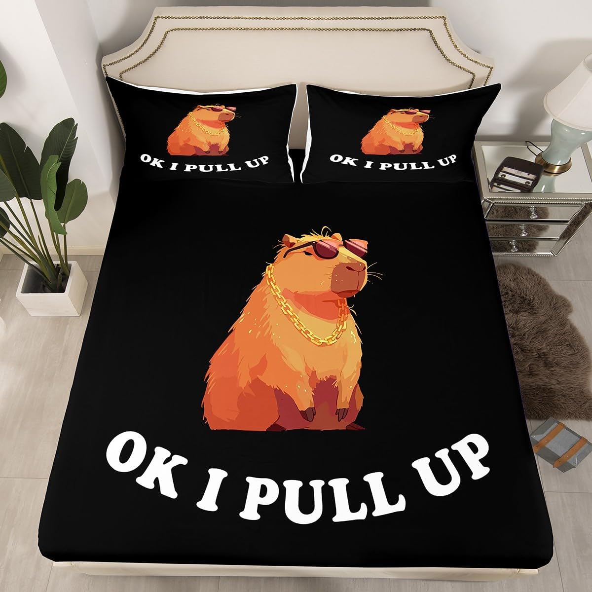 Erosebridal OK I Pull Up Capybara Fitted Sheet,Funny Capybara Bed Sheets Full,Capybara Decor Sheets,Simple Capybara Bedding Set 3Pcs,Capybara Gifts for Capybara Lovers