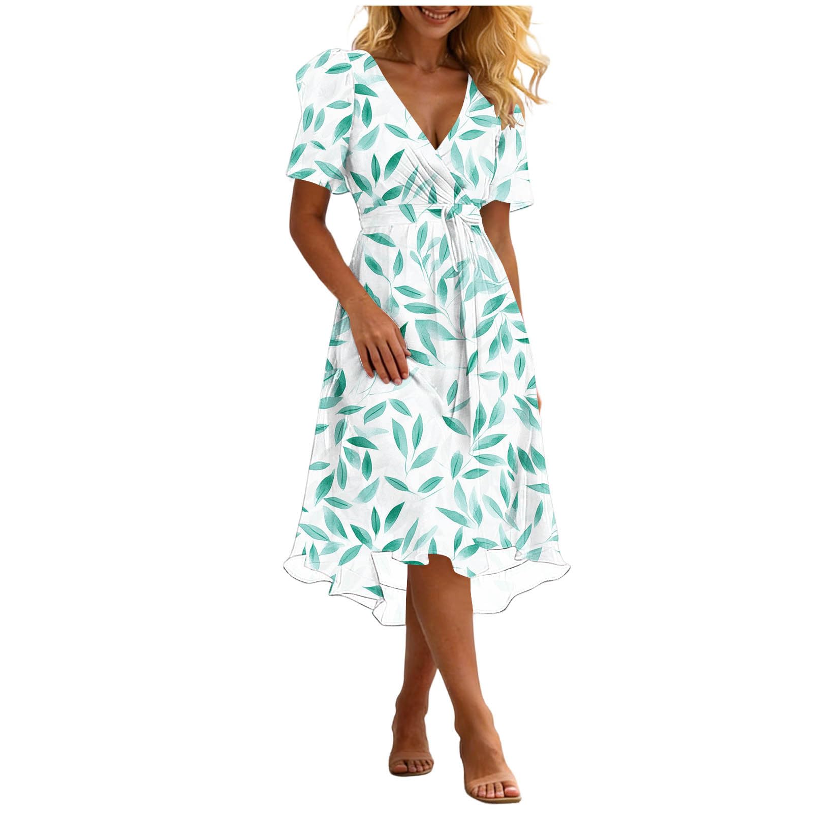 Vevpewshi Women's #E-Multicolor Summer Printed Dress For Uk V Neck Short Sleeves Loose Pleated Knee Length Dress Beach Holiday Loungewear Sundress