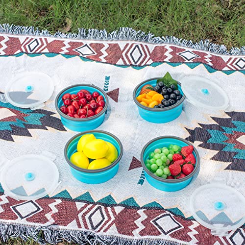 Collapsible Food Storage Containers Round With Airtight Lid, Kitchen Stacking Silicone Collapsible Meal Prep Container Set For Leftover, Microwave Freezer Dishwasher Safe, Blue, Set Of 4, 27 Oz #TOP7
