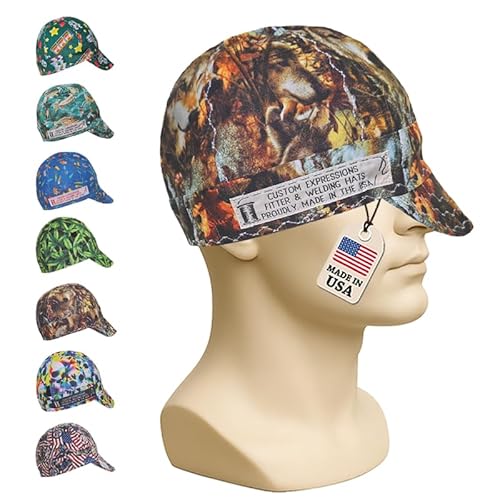 Custom Expressions Handmade Welders Cap for Men - 100% Cotton Welding Caps for Men & Women - Flame Resistant Welding Hats | Welding Beanie | Weld Cap for Safety -Wolf Camouflage Style 7 5/8