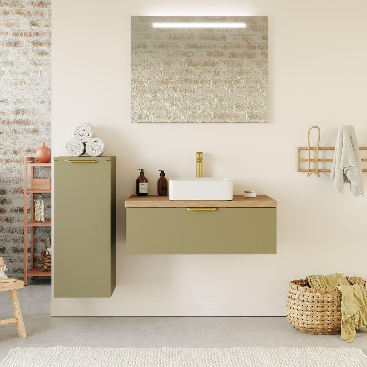 HOMIFAB Meuble de Salle de Bain Suspendu Vasque à Poser 90cm 1 tiroir Vert Olive - Venice