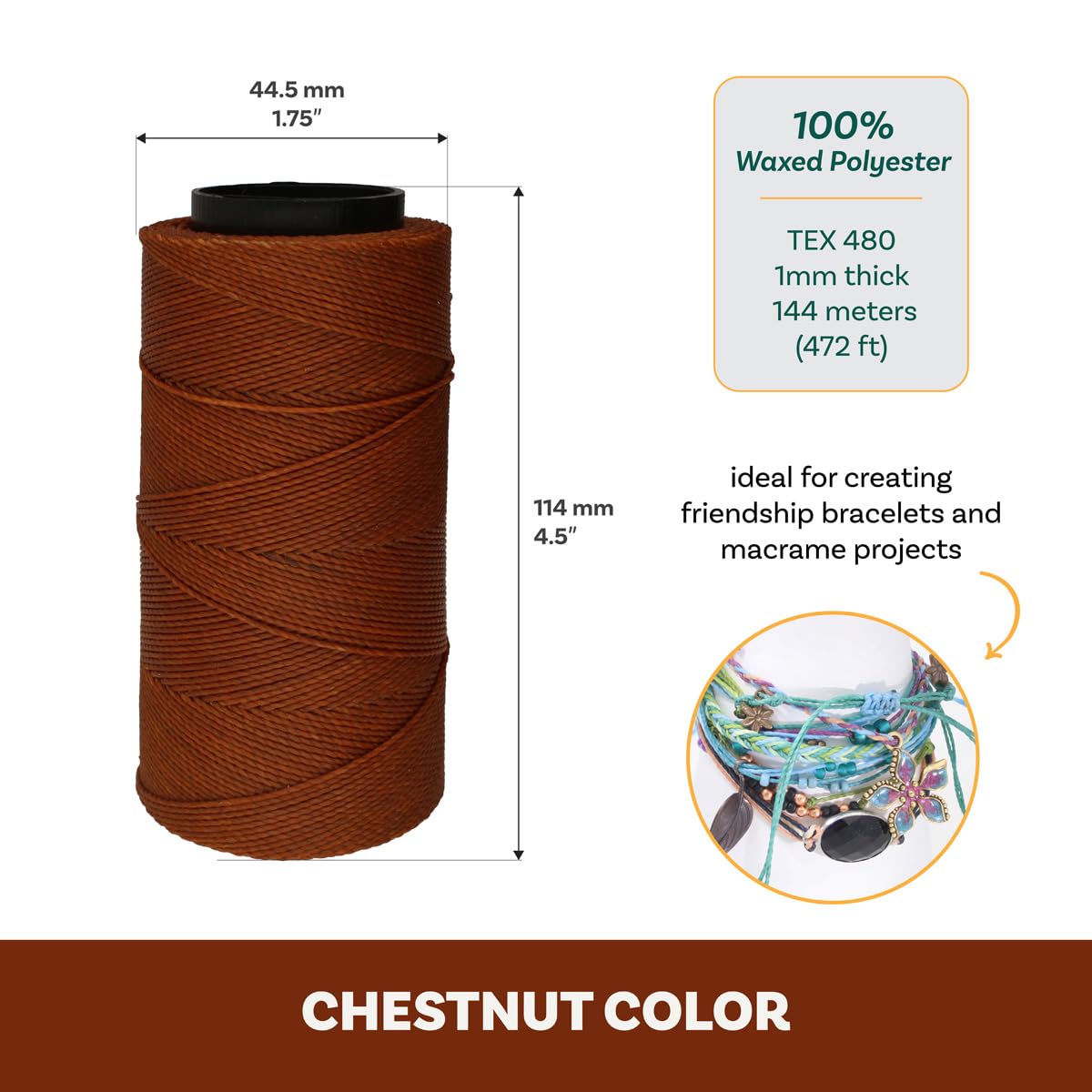 The Beadsmith Knot It Waxed Polyester Cord, Chestnut Color, 0.7mm Diameter, Light Wax, 144 Meters (472 Feet) Per Spool - Image 4