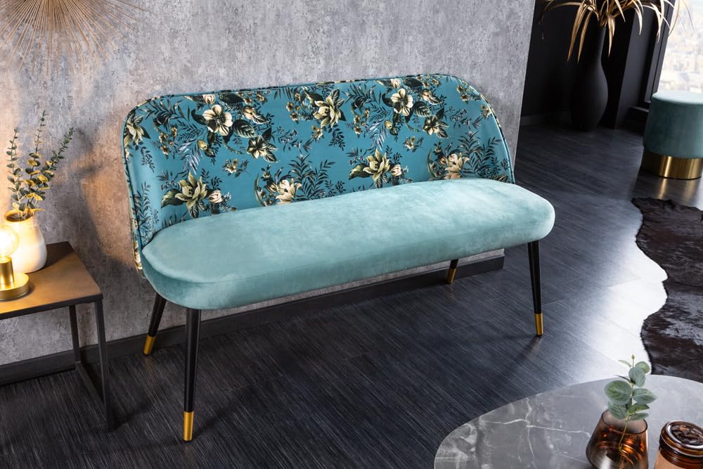Riess Ambiente Design Bank PRÊT-À-Porter türkis Samt florales Muster und goldene Fußkappen