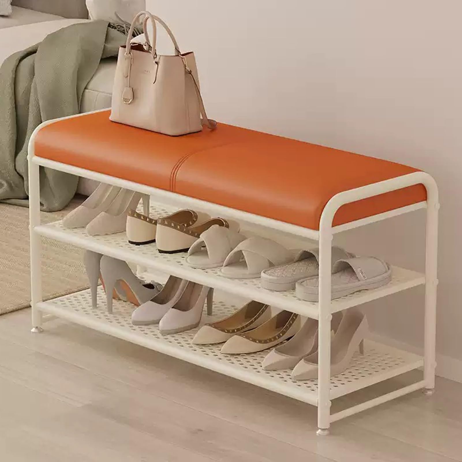 GHFXSCV Stylish Shoe Storage Bench with PU Leather Seat Cushion, Upholstered Entryway Bench, Metal Frame Shoe Rack, Modern Hallway nizer (ge & White, 70x32.5x48cm)