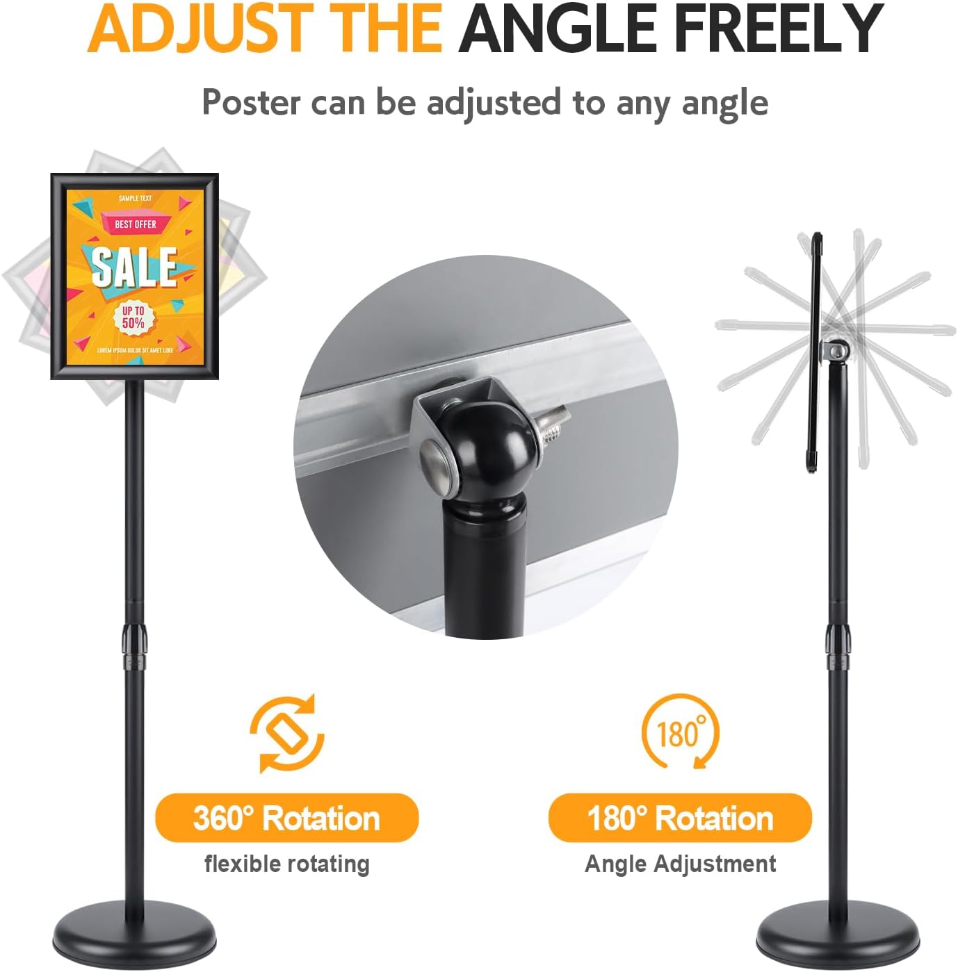 RedChili Sign Holder Stand 8.5x11 Inch, Adjustable Floor Standing Sign Holder Signage Stand with Aluminum Snap-Open Frame Vertical Horizontal View Display For Malls Schools Restaurants (Black, Sharp Corner) - Image 3