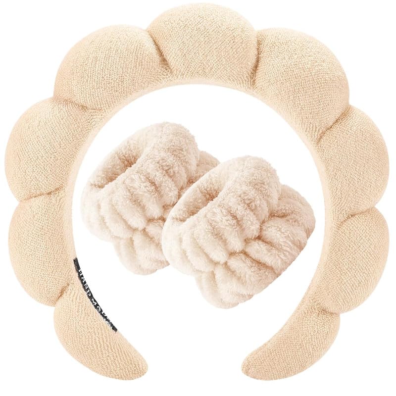 Spa Headbands for Women Girls Sponge Facial Spa Makeup Headband And Wrist Washband Set For Face Washing, Skincare, Shower, Makeup Removal Hair Band (Beige)-image-17