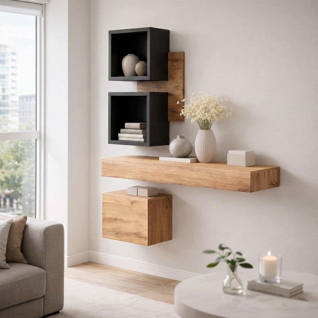 Mobile Ingresso Moderno Con Pensili A Giorno Mensole Sospese Con Cassetto E Anta Salvaspazio Design Nordico Set Completo Per Ingresso Corridoio Zona Living 100 x 170 x 30 Cm (Nero e Rovere)