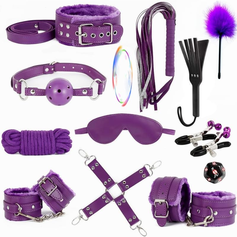Cadeau de couple : set de cuir réglable violet 12 pièces avec accessoires d'entraînement