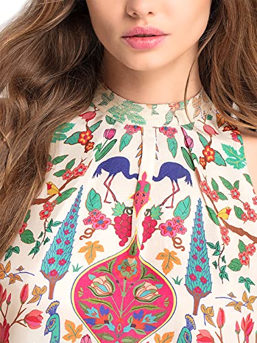 Image of SHAYE Cream Party Sleeveless Halter Neck Floral Printed Satin Top for Women