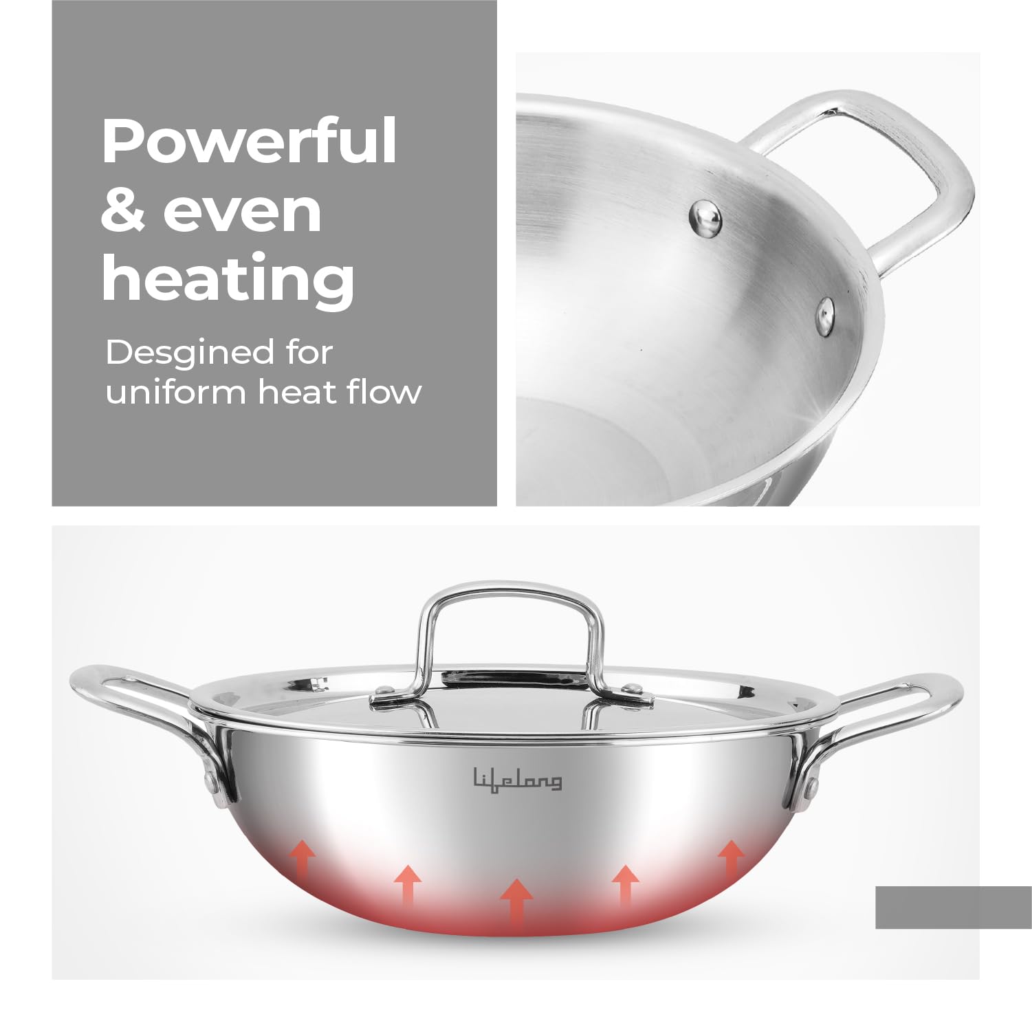 Lifelong Triply Kadai - 26cm, Even Heating -3