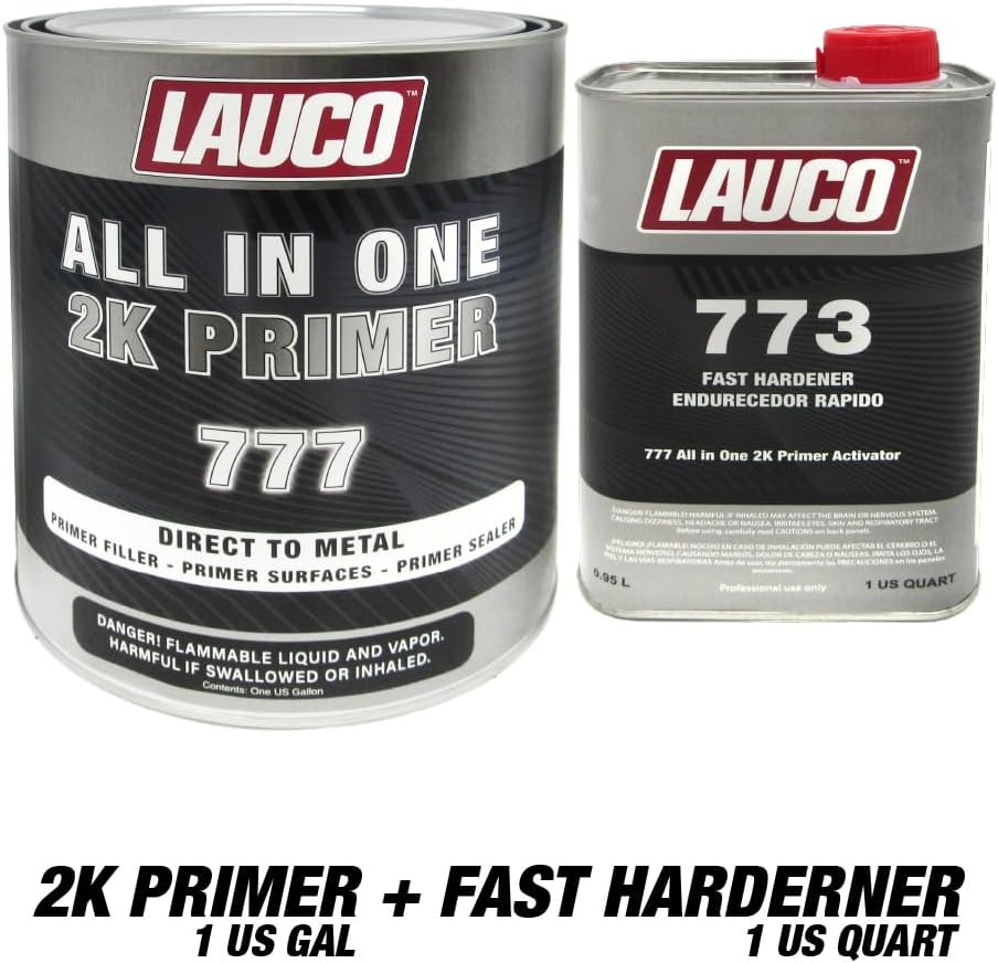 LAUCO All-In-One 2K Urethane DTM Primer Surfacer Kit | 1 Gallon Gray High-Build Sealer & Filler | Includes 1 Quart Fast Activator (4:1 Mix Ratio) | Automotive & Car Paint