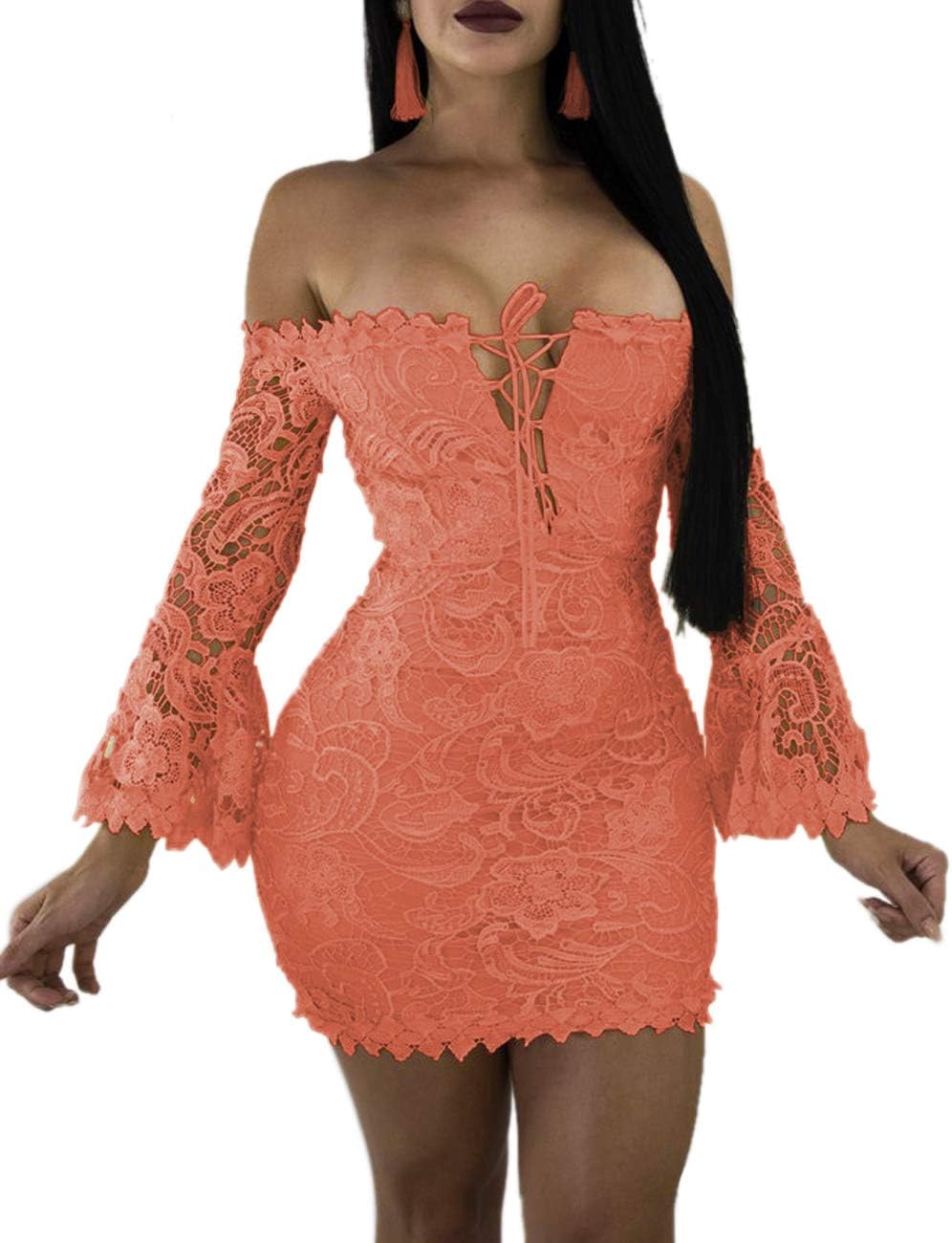 Women's Lace Dress Sexy Off Shoulder Flare Sleeve Floral Bodycon Party Club Mini Dress