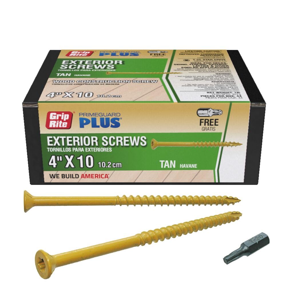 Grip-Rite L4STT1 PrimeGuard Plus #10 x 4 Tornillo de madera a madera, bronceado, caja de 1 libra