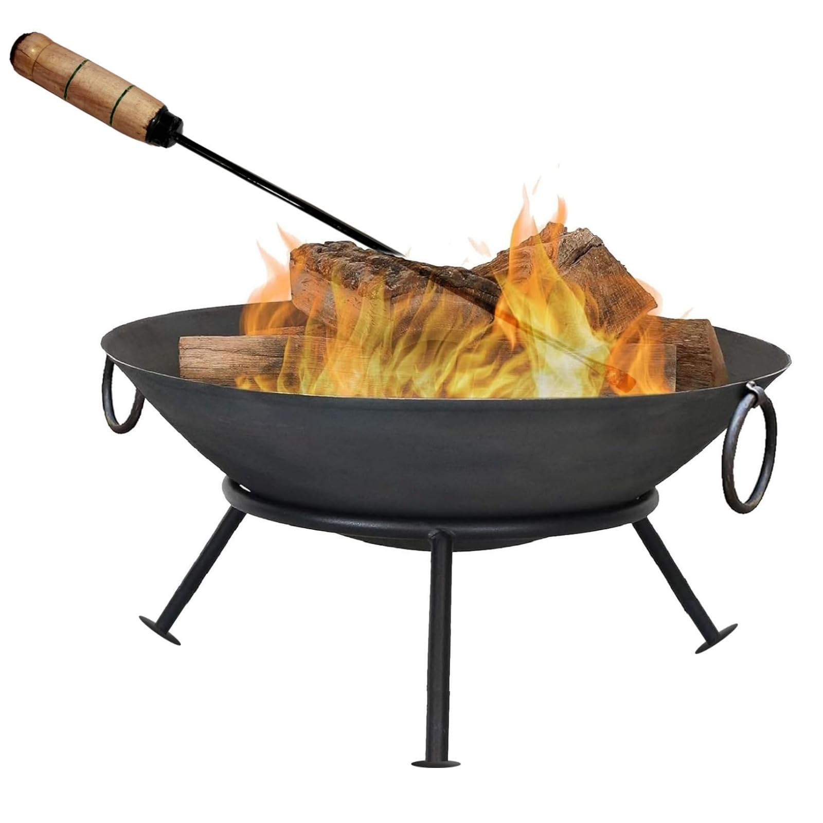 VISMAY's Iron Fire Bowl with Smooth Edges Wooden Handle Fire Poker and Round Stand Garden BBQ Burning Bowl Outdoor Fire Pit Wood Burner Charcoal Bonfire Chimney for Camping Heating and Cooking