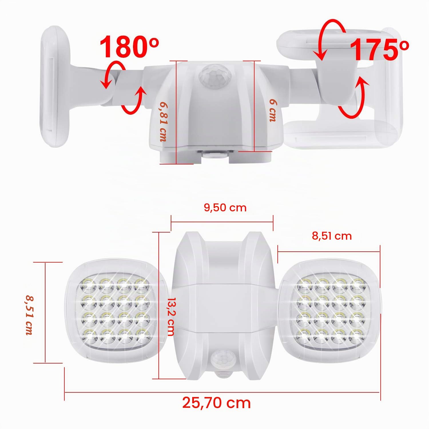 HONWELL Lumière de sécurité LED à piles, 6000K Lumière à détecteur de mouvement extérieur, IP65 Lumières de Sécurité Projecteurs, Lumière extérieure de Sécurité pour escalier, Couloir, Jardin, Blanc
