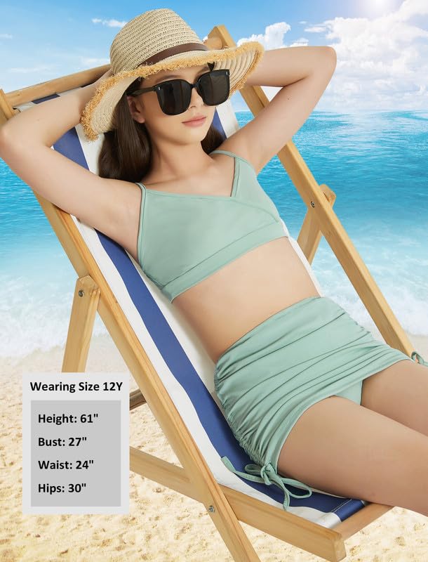 Image of EXARUS Girls Bathing Suits 3 Piece Swimsuits Bikini Sets with Cover Up Mid Rise Ruched Swimwear Beach Pool 8-14Y