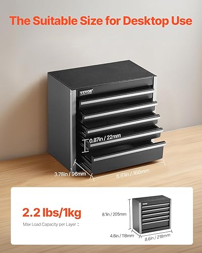 Miniatura 2 de VEVOR Caja de herramientas de metal, 8.6 pulgadas, caja de herramientas de metal portátil con 5 cajones, pequeña caja de herramientas con forros de