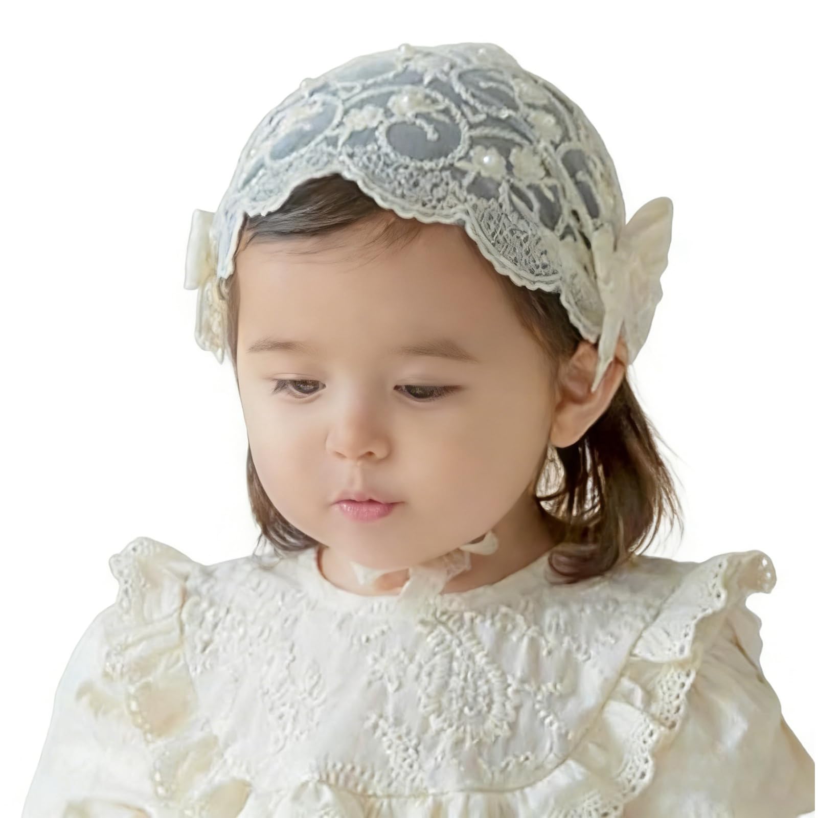 1Pcs Baby Girl Lace Bow Headband Beanie – Soft Breathable Wide Turban Hairband, Adjustable Infant Toddler Baptism Christening Wedding Party Photo Shoot Shower Gift Blue-image-28