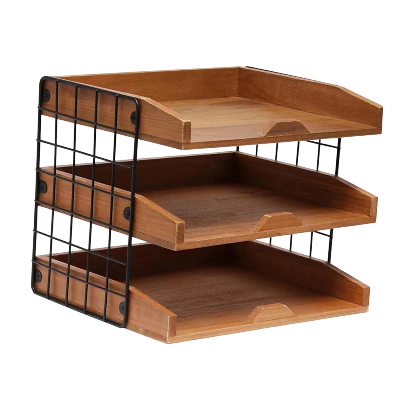 KiBcsLic Inbox Tray for Documents 3 Tier Wooden Organizer for Office Supplies