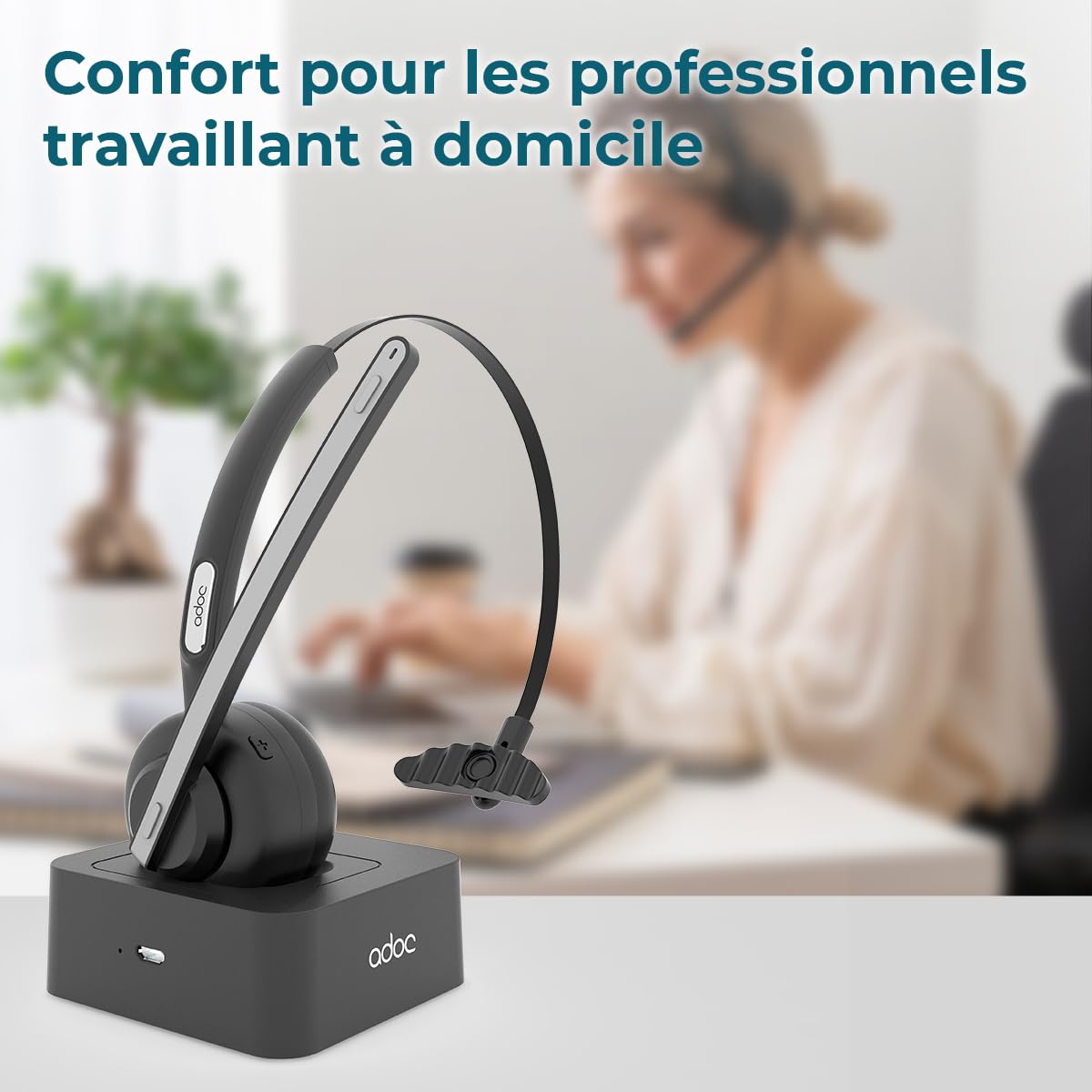 ADOC BT01 Casque Bluetooth monophonique avec microphone rotatif à 270 degrés, annulateur de bruit, bandeau réglable, touche multifonction, batterie durable, utilisation des deux côtés (oreille