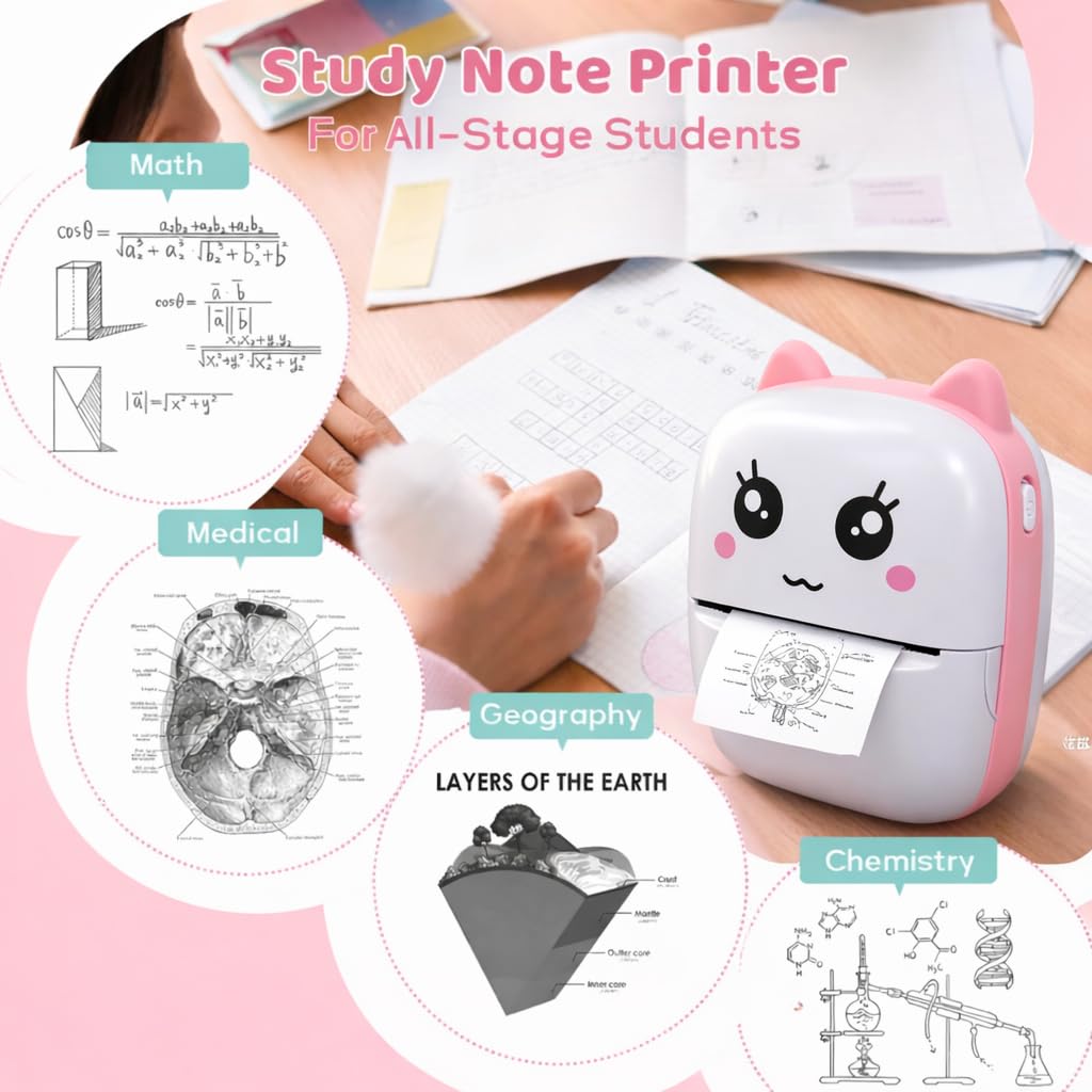 Brand Conquer Mini Bluetooth Thermal Printer for Kids | Cute Kitty Design | Portable & Rechargeable | Ink-Free Printing | Safe & Durable | Ideal for Students, Notes, Stickers & Fun Learning (Pink) 4