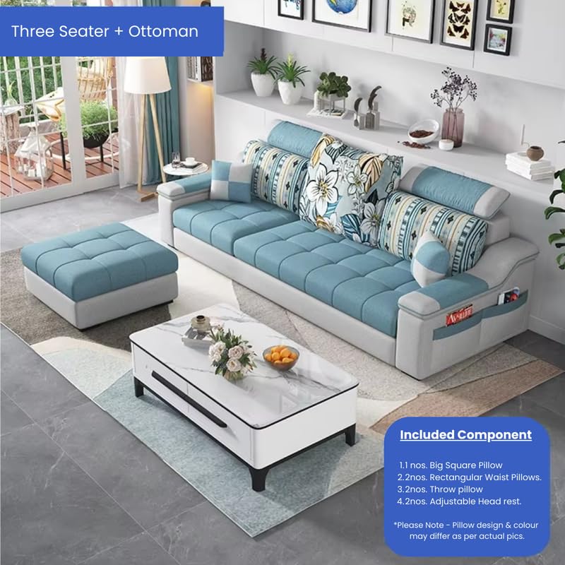 Image of Homax. Albo Modern 3-Seater Sofa Set with Convertible Ottoman - Interchangeable L-Shape Design, Adjustable Headrests & Space-Saving for Living Room - Color - Dark Grey