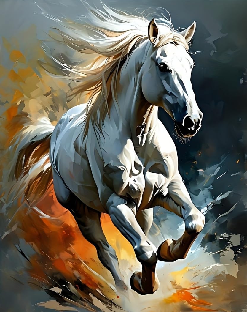 WANGWANGMIAO Paint by Numbers for Adults Beginner,Galloping White Horse Acrylic Painting by Number Kits on Canvas for Home Wall Decor Gift 16x20 Inch，with Frame