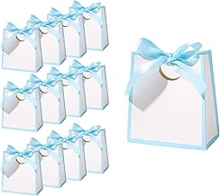 12Pcs Mini Gift Bags with Blue Ribbons 12× 11× 6 cm Small White Gift Bags White Party Bags for Wedding Baby Shower Birthday