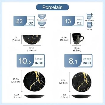 Alivio 16-Piece Premium Porcelain Dinnerware Set, Black & Gold Marble Design, Scratch-Resistant, Luxury Tableware Collection