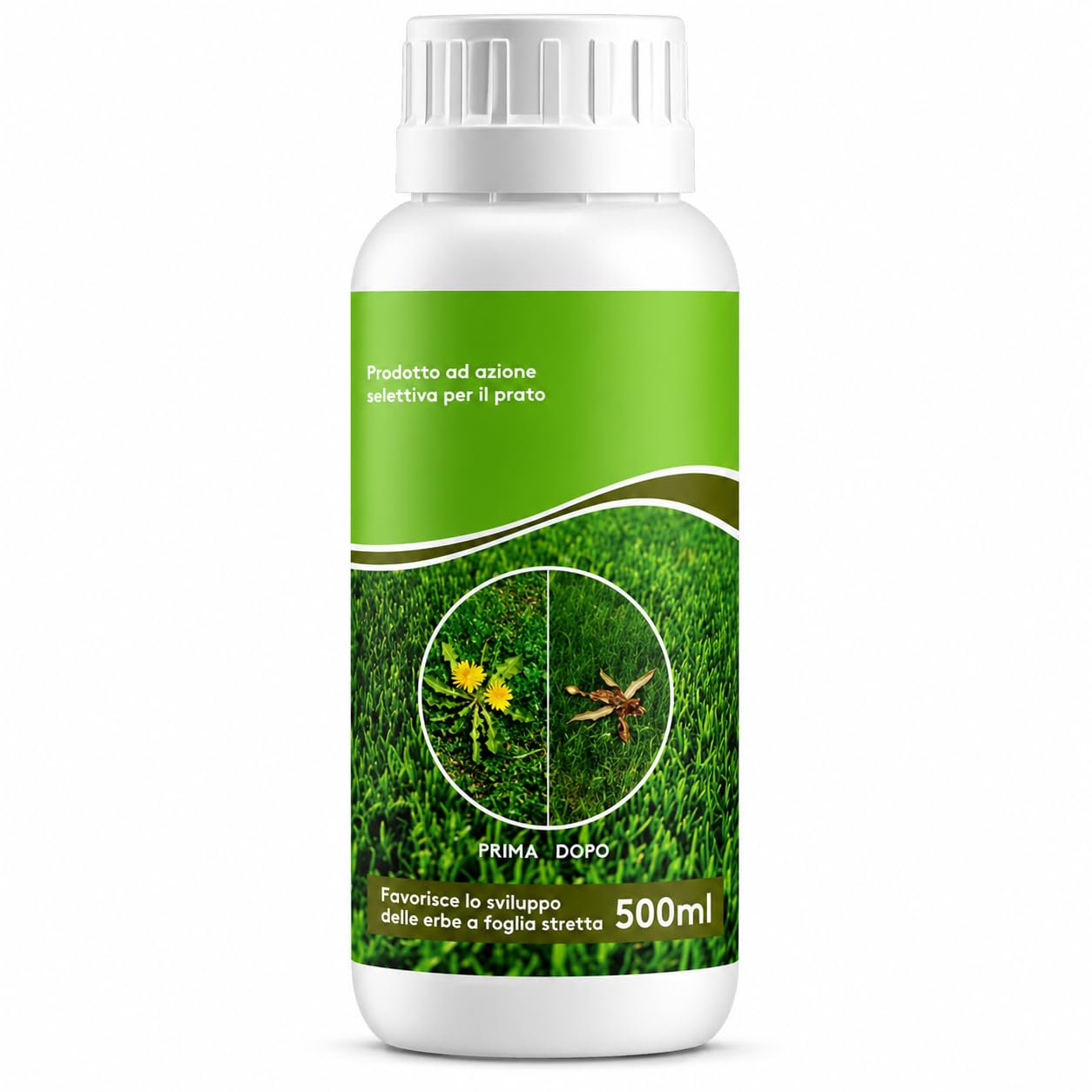 Diserbante Naturale Selettivo e Rinverdente Prato 500ml - Erbicida Foglia Larga per Tappeto Erboso - Ferro Chelato HEDTA Azione Rapida - Concime Liquido contro Infestanti e Muschio