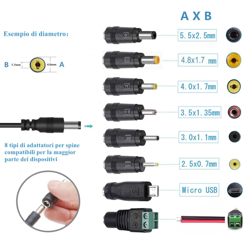 Alimentatore AC 12V 2A AC220V 230V DC12V con 8 adattatori spina Caricabatteria 500mA 1000mA 1500mA 2000mA AC-DC