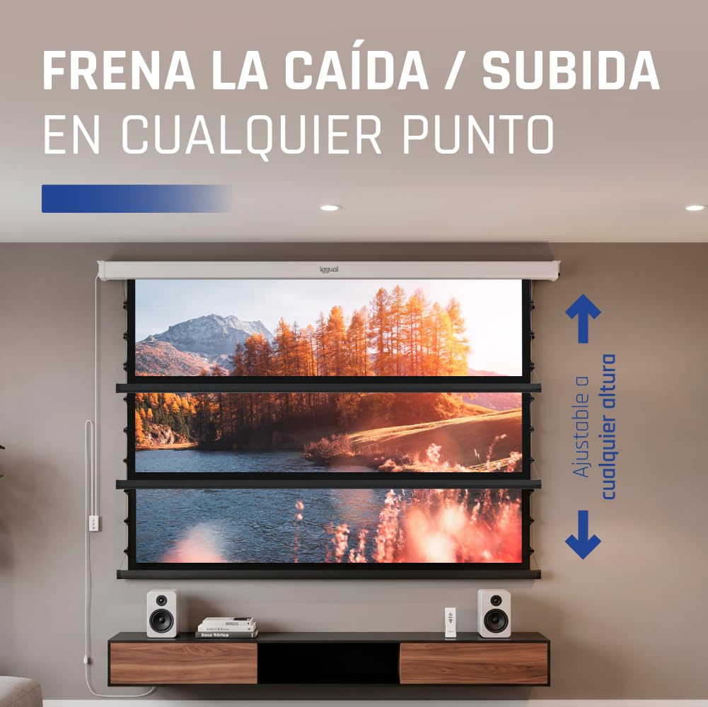 iggual Pantalla Proyección 92" Pulgadas Eléctrica Enrollable Tensionada -Panorámica 16:9 -Control de Pared y Mando Remoto Infrarrojo -Compatible hasta 8k y Cualquier Proyector(203x114 cm)