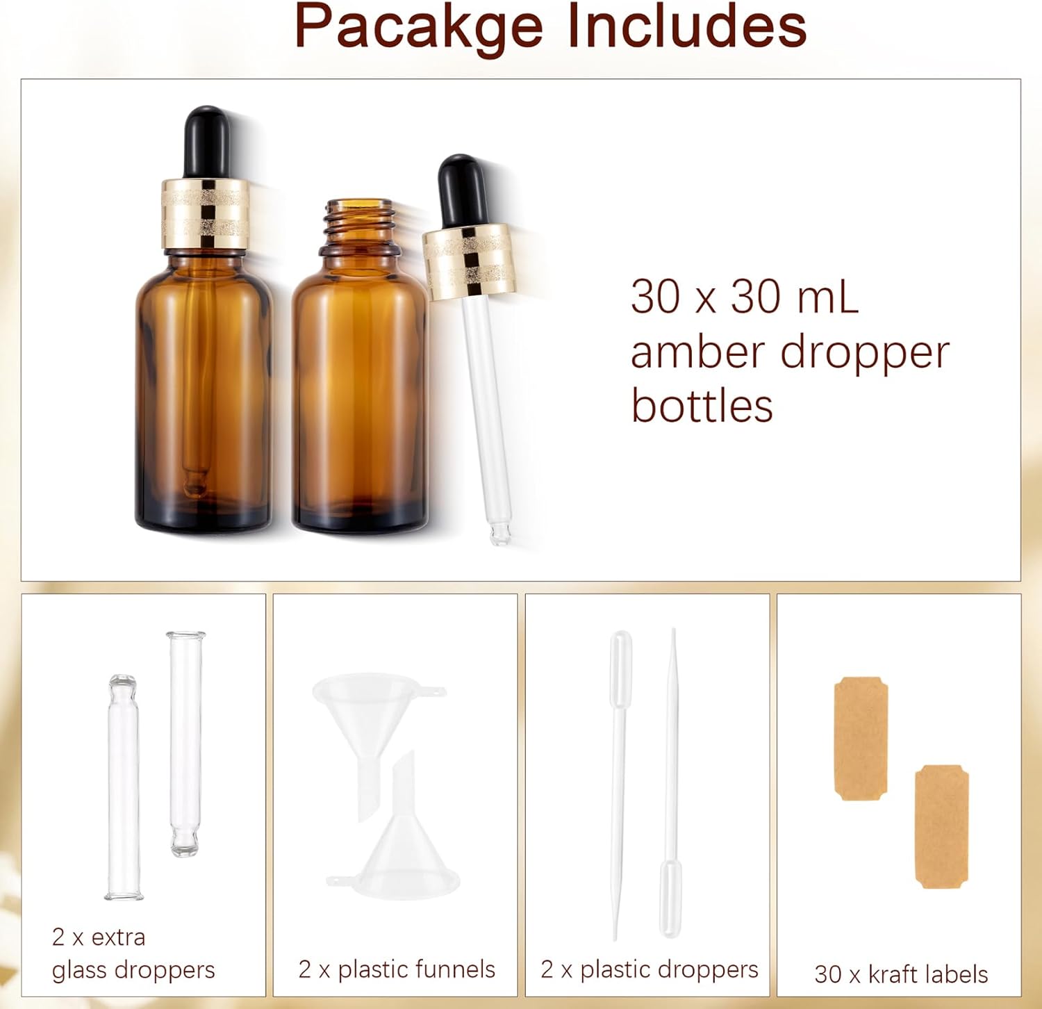 30 Pack 30ml Amber Glass Dropper Bottles with Droppers, Funnels & Labels for Essential Oils, 1oz Eye Dropper Bottles with Golden Caps, Brown Empty Glass Tincture Vials for Travel