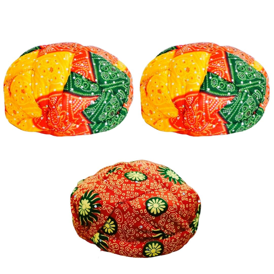NATANI TRADERS Traditional Rajasthani Pagdi Turban, Multicolor Bandhani Print with Yellow, Red, Green Pattern, Traditional Wedding Headwear for Men (Pack of 3)-picture-10