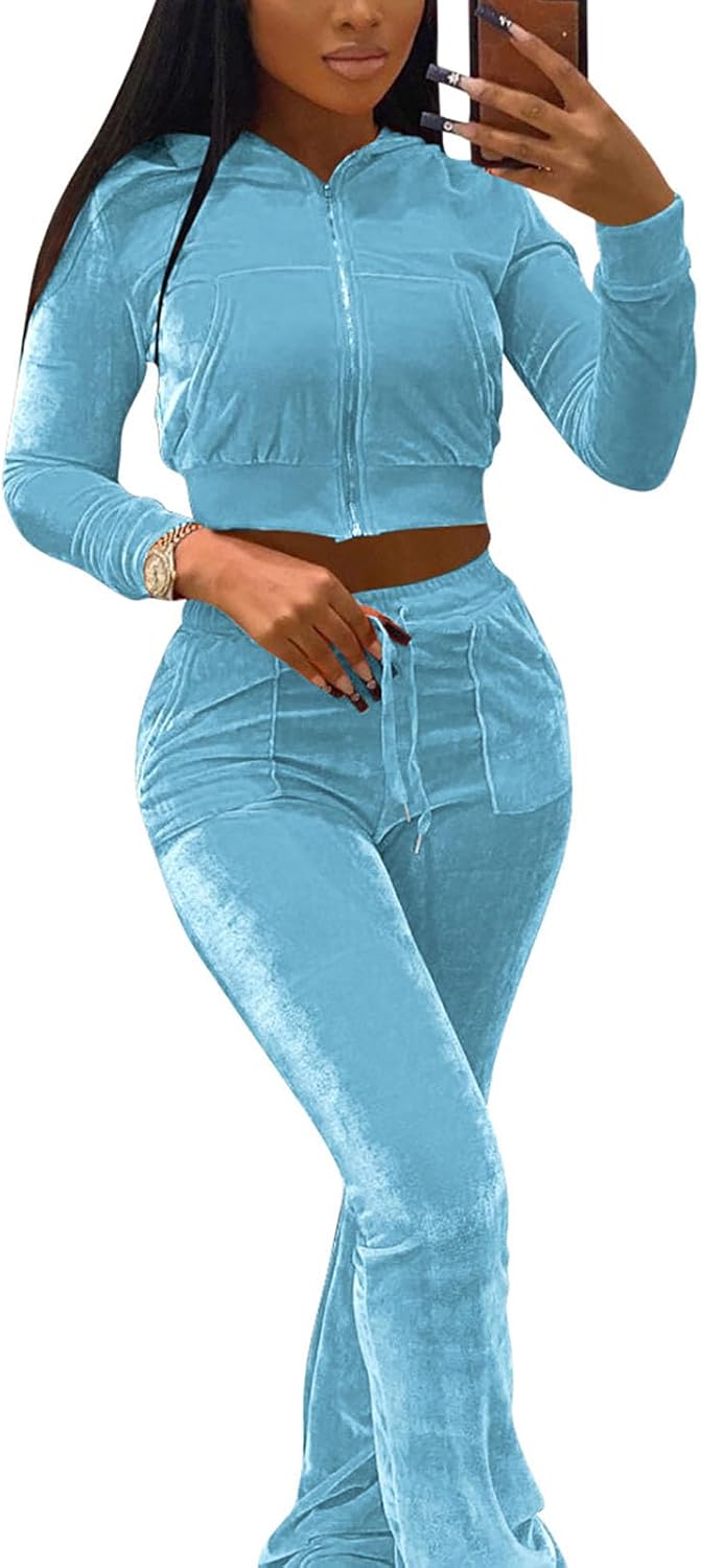 Chatinction Women's 2 Piece Outfit Velour Zip Up Crop Jacket and Bell Bottoms Long Pants with Pockets Tracksuit Set - Image 2