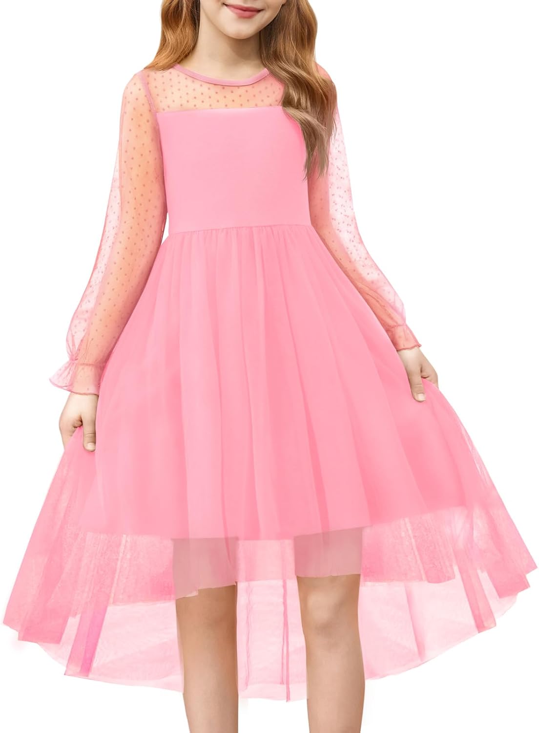 Haloumoning Girls Dresses Kids Contrast Mesh Long Sleeve Twirly High Low Birthday Party Formal Dress 5-14 Years