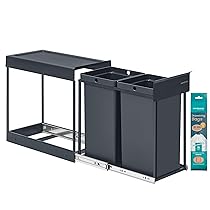 SONGMICS Pattumiera da Cucina per Raccolta Differenziata, Cestino da Incasso per Mobile, 2 x 15 L Doppio Scomparto, Estraibile, Struttura in Acciaio, Coperchio in ABS, Grigio LTB950GZ01