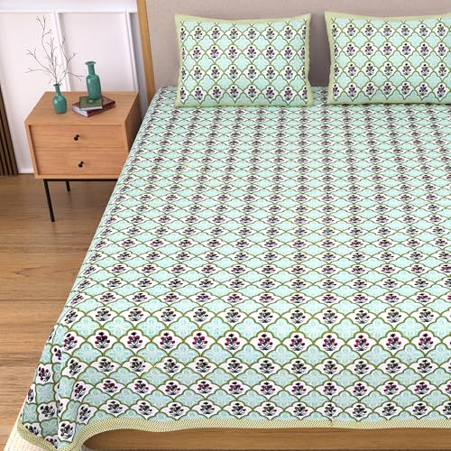 Image of India 100% Pure Cotton Jaipuri Printed Double Bedsheet with 2 Pillow Covers | Traditional Sanganeri Floral Design | Soft Breathable Fabric | King Size Bedsheet for Bedroom (Kaya57)