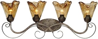 Amber Scroll 29 1/2" Glass and Bronze Rustic Bath Wall 4-Light Fixture | Vintage Mount Golden Silver Metal Wide Vanity Organic Art Shades Decor for Bathroom Over Mirror House Home