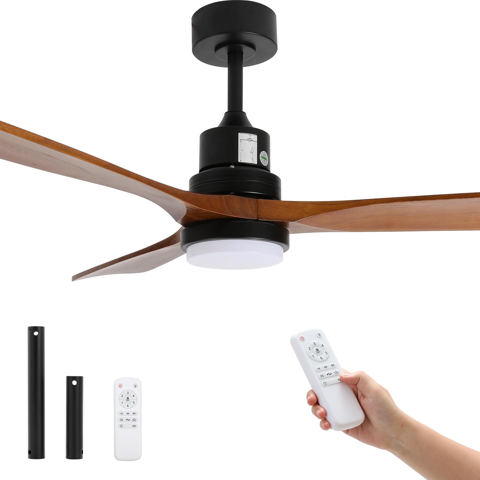 Photo 1 of LETITIAR 52 Inch Ceiling Fan with Light and Remote Control,Ceiling Fan with Reversible Noiseless DC Motor/3 Walnut Wooden Blades/2 Downrods for Bedroom, Living Room, Office?Sloping Roof Wood Blade